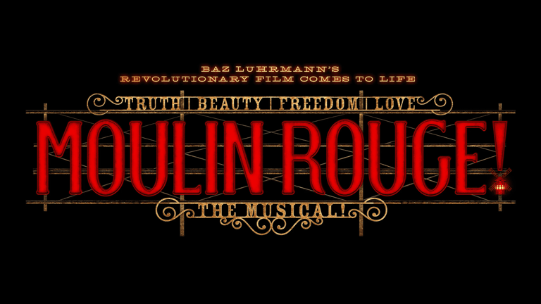 Сцена из Moulin Rouge! The Musical с красным бархатом и знаменитой мельницей в театре Piccadilly Theatre