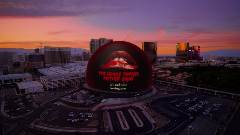 The Sphere in Las Vegas lit up with the Rocky Horror Picture Show lips logo and the words coming 2027