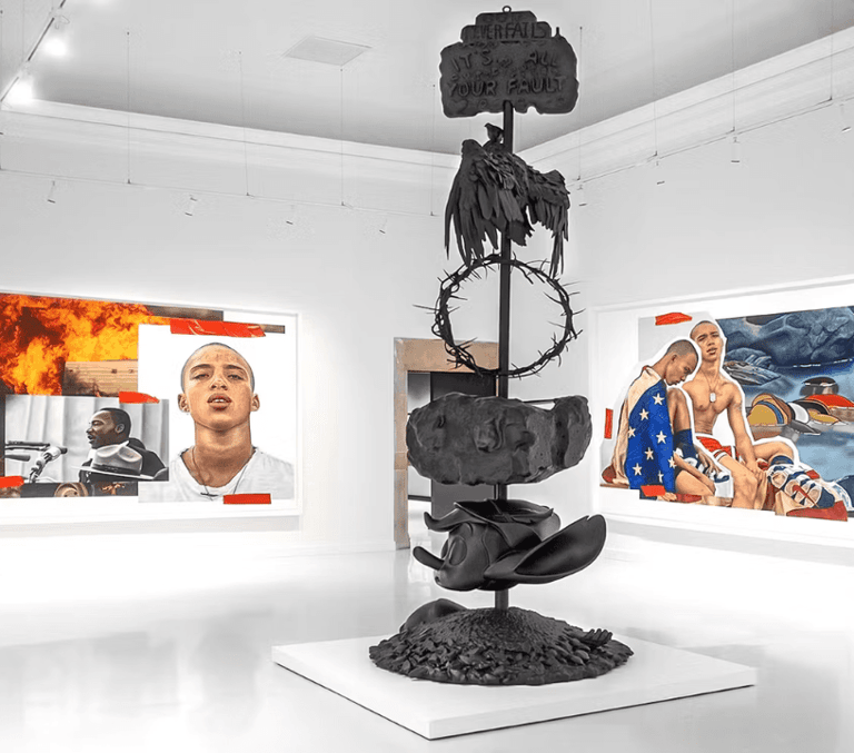 Black sculpture and pop art paintings inside a modern art museum in Barcelona