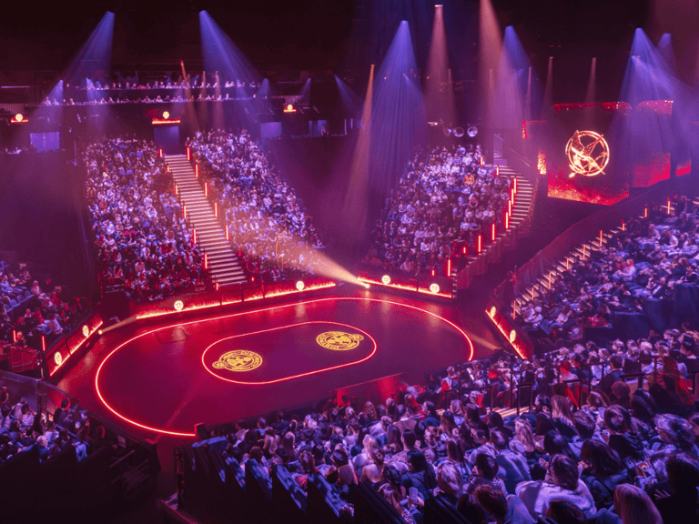 The in-the-round auditorium of the Troubadour Canary Wharf Theatre during The Hunger Games On Stage