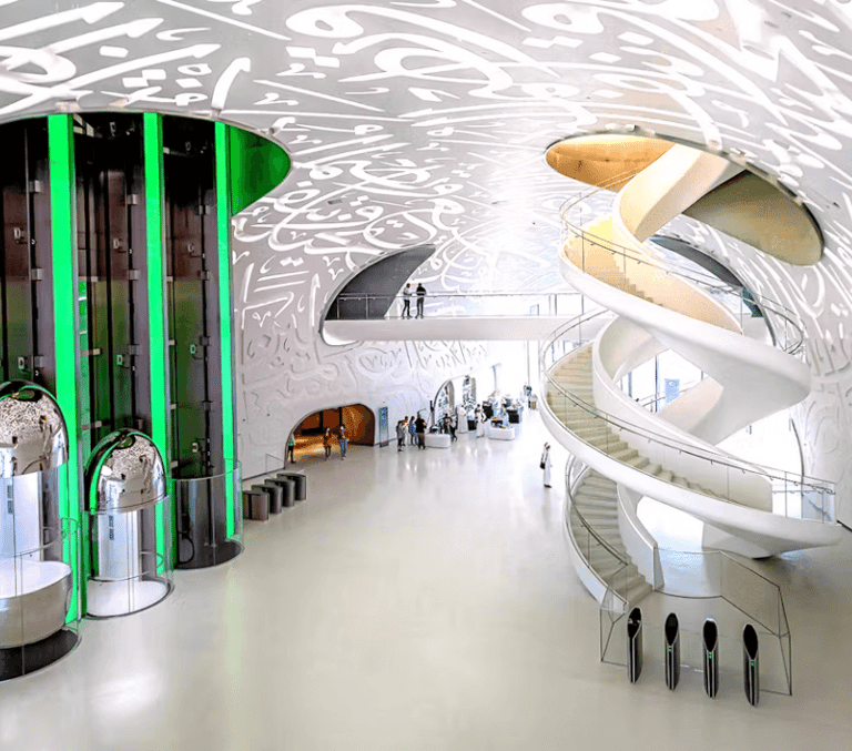 Dubai Museum of the Future interior atrium with spiral staircase and golden pods