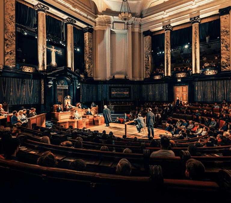 Audience surrounding a central stage in a grand domed chamber at a London immersive theatre show