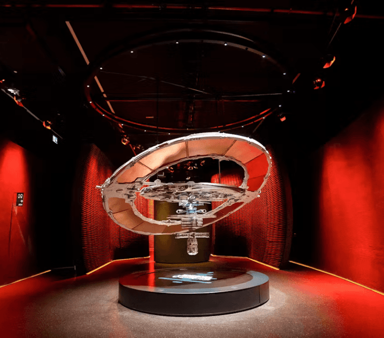 Glass and metal exhibit display inside Dubai Museum of the Future
