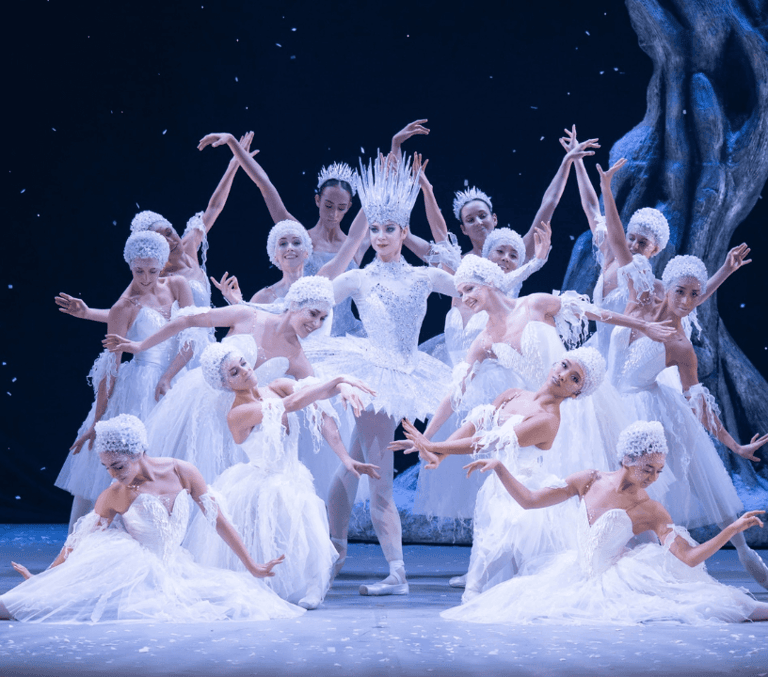 The Snow Queen in the centre of the Waltz of the Snowflakes at London's classic Christmas show Nutcracker