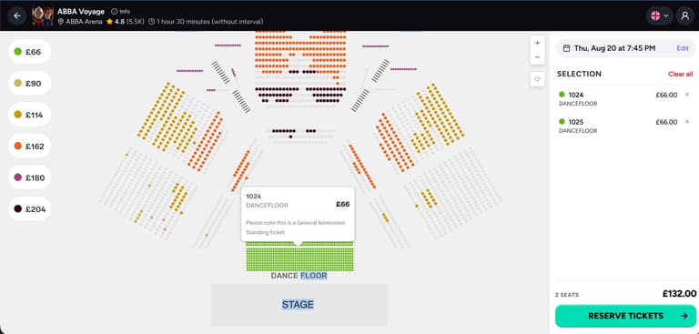 tickadoo seat map for ABBA Voyage showing dance floor tickets at 66 pounds, the lowest-priced band, with seated bands from 90 to 204 pounds