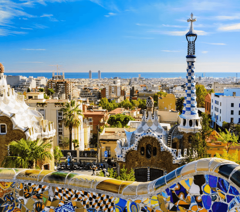 Park Guell terrace with Gaudi mosaic and views over Barcelona