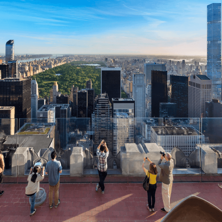 Visitors on the Top of the Rock observation deck overlooking Central Park