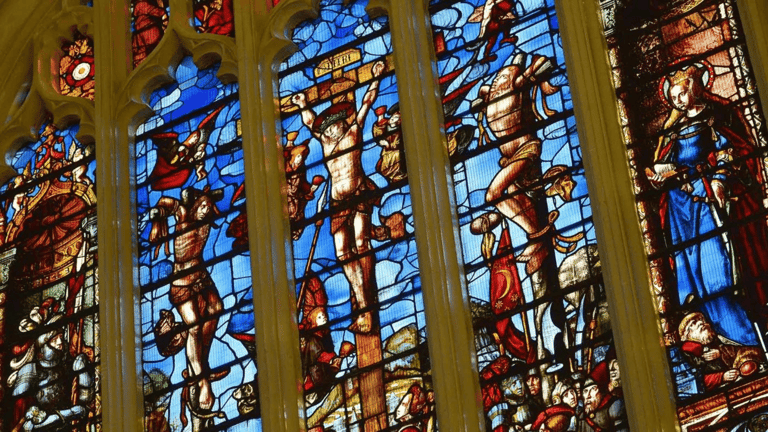 Stained-glass windows inside a historic London building