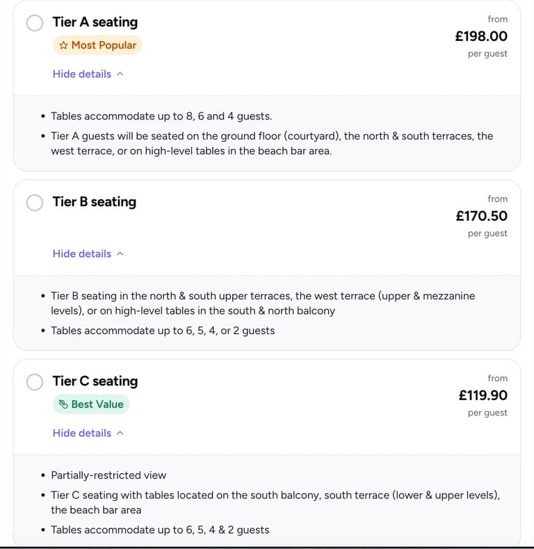 The Mamma Mia! The Party booking screen showing Tier A seating from 198 pounds, Tier B from 170.50 pounds and Tier C from 119.90 pounds per guest, with the zones and table sizes for each tier
