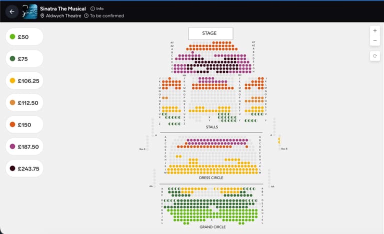 Mapa de asientos de tickadoo para Sinatra The Musical en el Aldwych Theatre, con rangos de precio desde 50 libras en el Grand Circle hasta 243.75 en la platea central premium