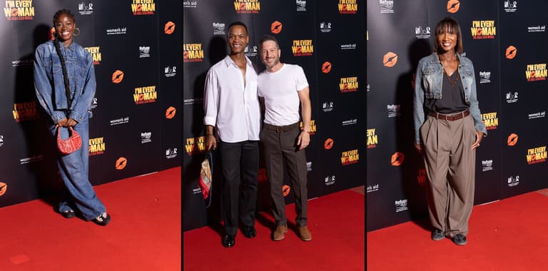 Clara Amfo, Johannes Radebe with a guest, and Dame Denise Lewis on the red carpet at the I'm Every Woman press night. Photos by Piers Allardyce