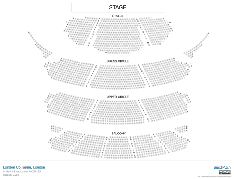 Plànol oficial de seients del London Coliseum que mostra els Stalls, el Dress Circle, l'Upper Circle i el Balcony amb les lletres de les files