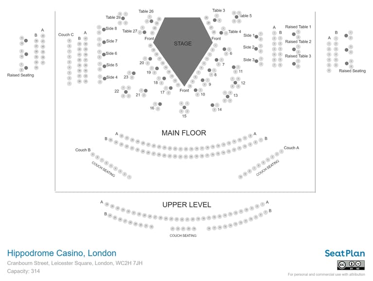 Pelan tempat duduk Magic Mike Live di Hippodrome Casino, menunjukkan pentas thrust tengah yang dikelilingi meja bernombor, gerai sisi, tempat duduk bertingkat, lantai utama dan peringkat atas