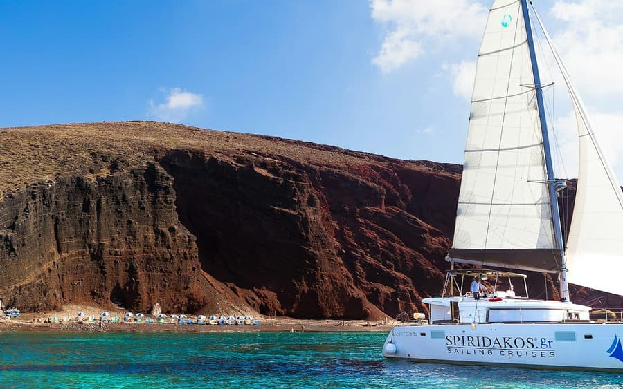 Santorini: Classic Catamaran Cruise + BBQ + Drinks + Transfers