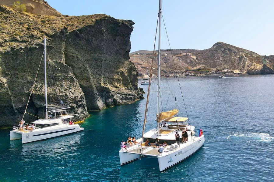 Santorini Luxury Catamaran Cruise with Meal, Drinks & Transfers, Santorini