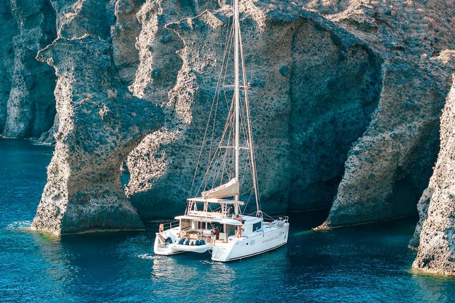 From Santorini: Luxury Catamaran Day Cruise with Lunch, Drinks & Transfers, Santorini