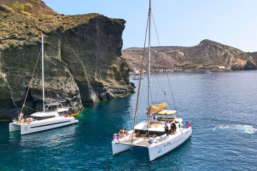 Santorini Luxury Catamaran Cruise with Meal, Drinks & Transfers, Santorini