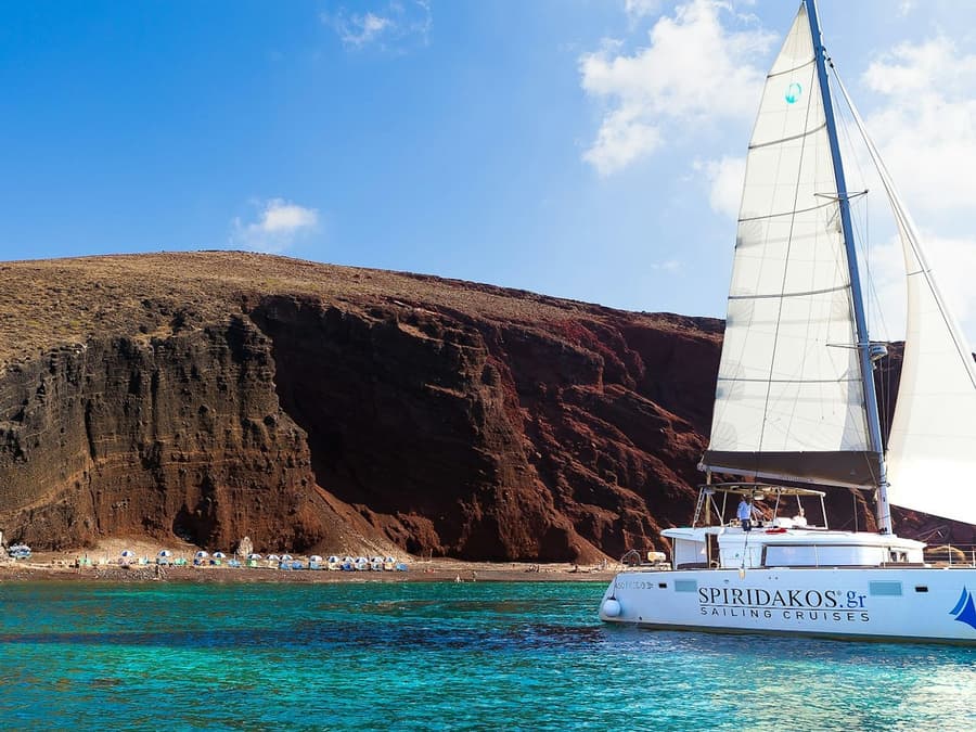Santorini: Classic Catamaran Cruise + BBQ + Drinks + Transfers