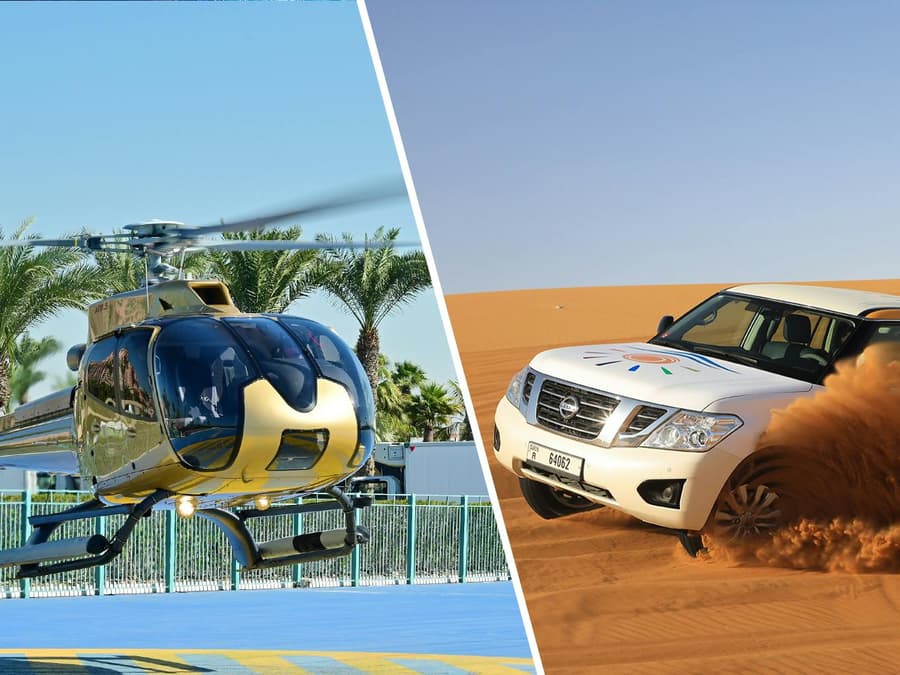 Combo: 15-Min Helicopter Tour of Dubai &  Red Dunes Desert Safari with Bedouin Camp Experience