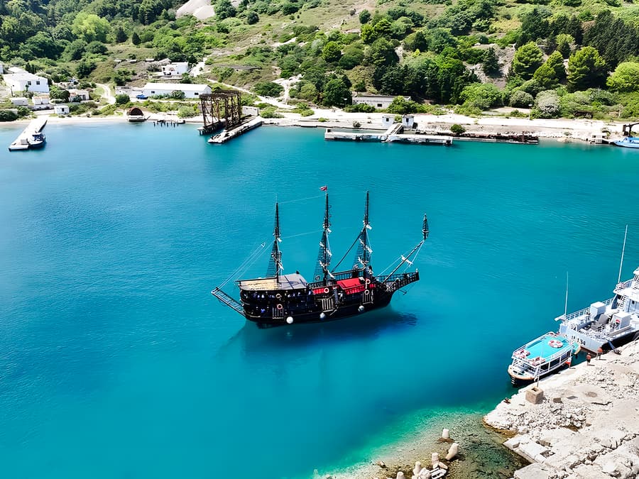 From Vlore: Sazan Island, Haxhi Ali Cave & Karaburun Peninsula Pirate Ship Tour