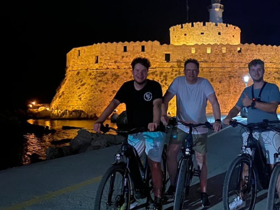 Rhodes: Nighttime Old Town E-bike Gastro Tour + Drink & Greek Meze