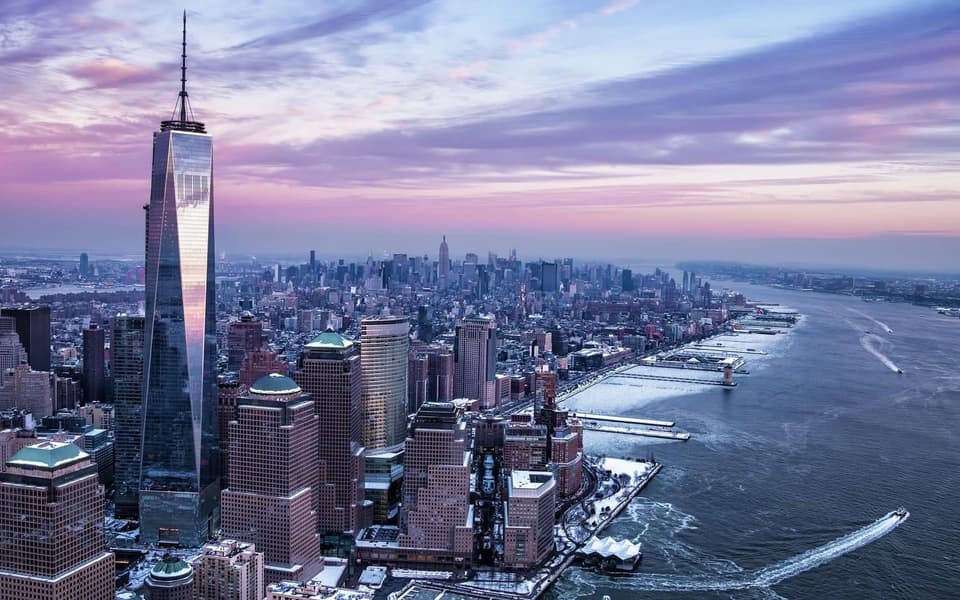 The Manhattan skyline seen from One World Observatory on a clear summer evening