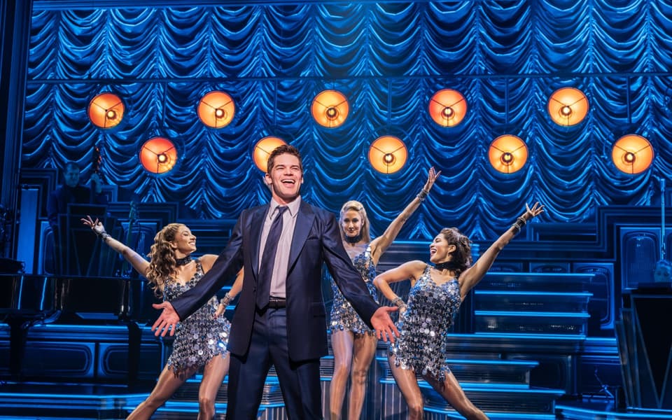 Jeremy Jordan as Bobby Darin with the cast of Just in Time at Circle in the Square Theatre