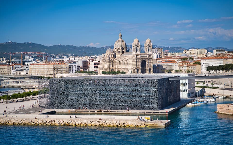 Marseille waterfront in Provence with the MuCEM and cathedral above the harbour