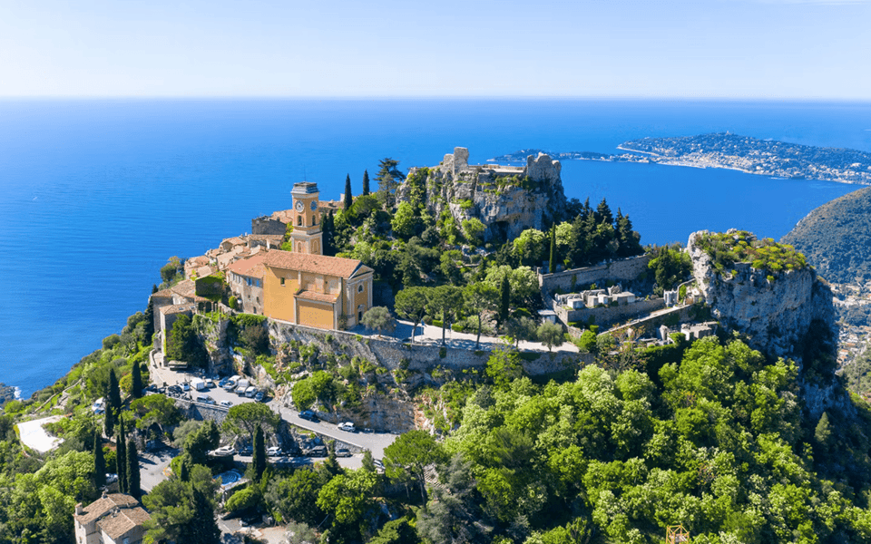 Aerial view of the hilltop village of Eze above the blue Mediterranean French Riviera