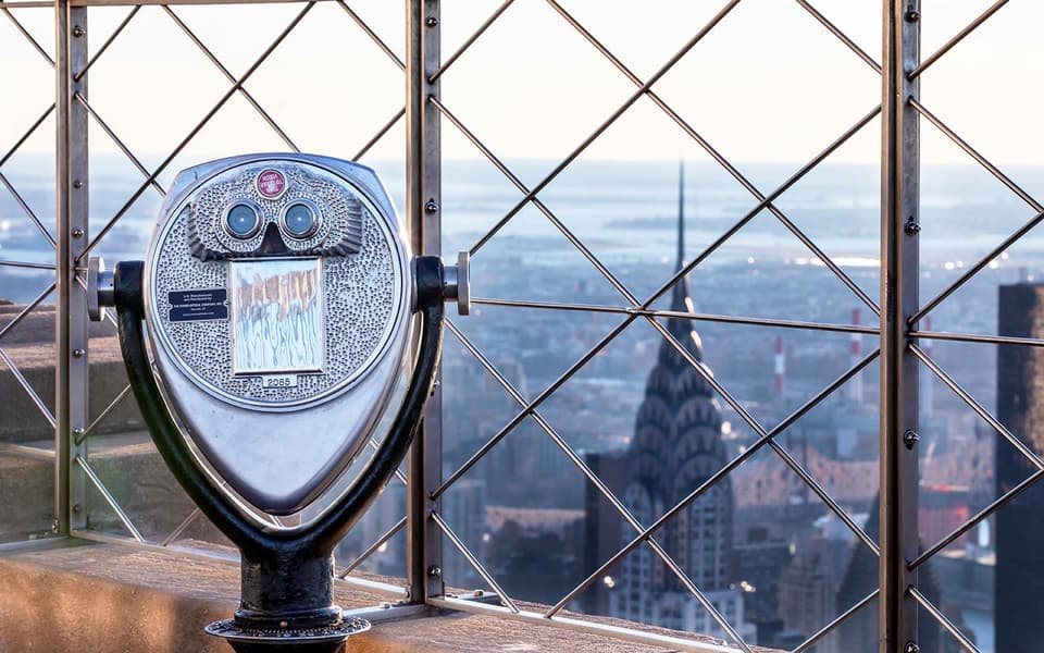 The New York City skyline viewed from a high observation deck in summer