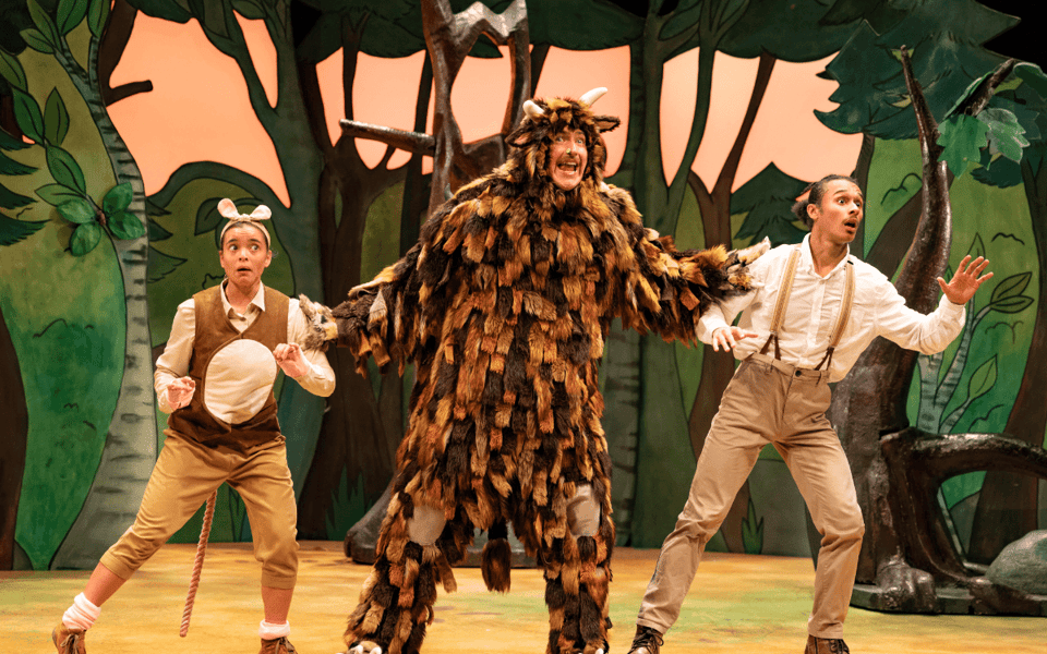 The Gruffalo and the mouse on stage in the woods