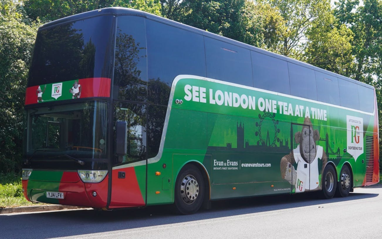 PG Tips afternoon tea sightseeing bus exterior