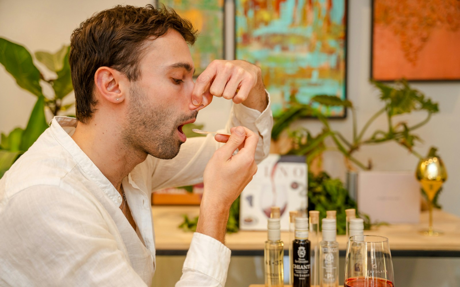 Participant exploring aromas during the wine workshop