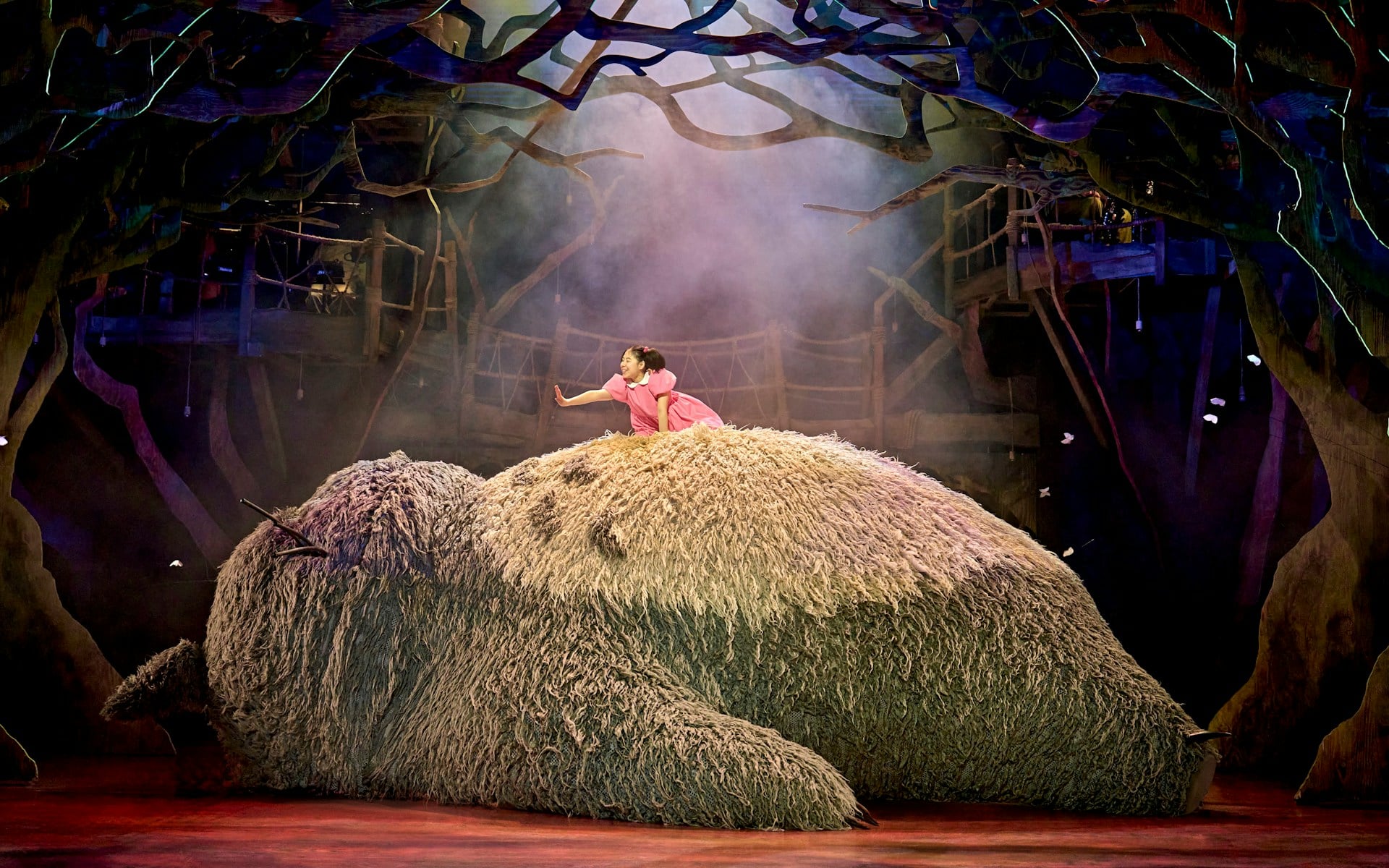 A large Totoro puppet on stage in My Neighbour Totoro at the Barbican Theatre