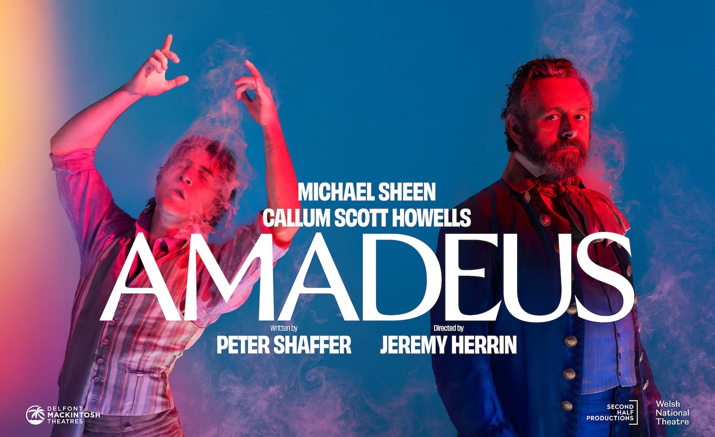 Amadeus artwork featuring Michael Sheen as Salieri and Callum Scott Howells as Mozart