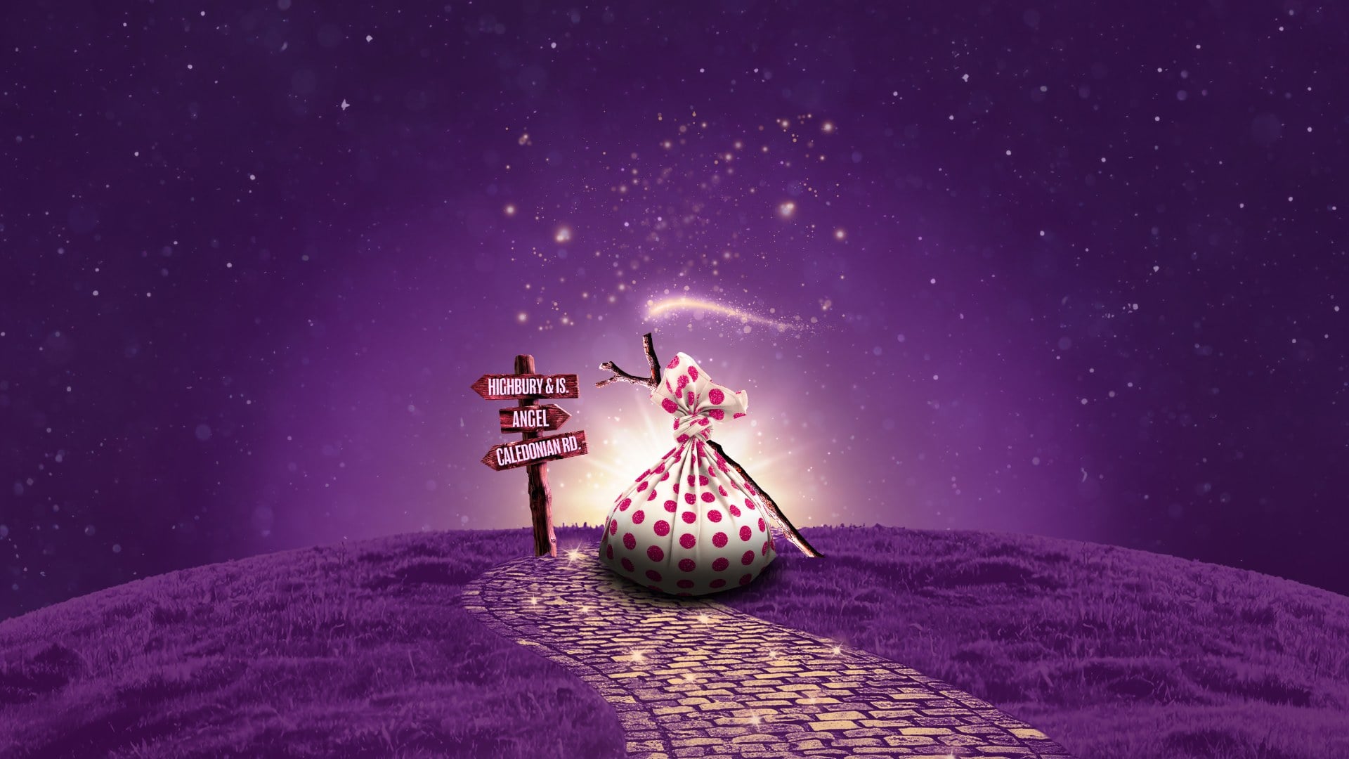 Dick's spotted bundle by a signpost to Angel and Highbury on a golden brick road, from the Dick Whittington and His Cat artwork