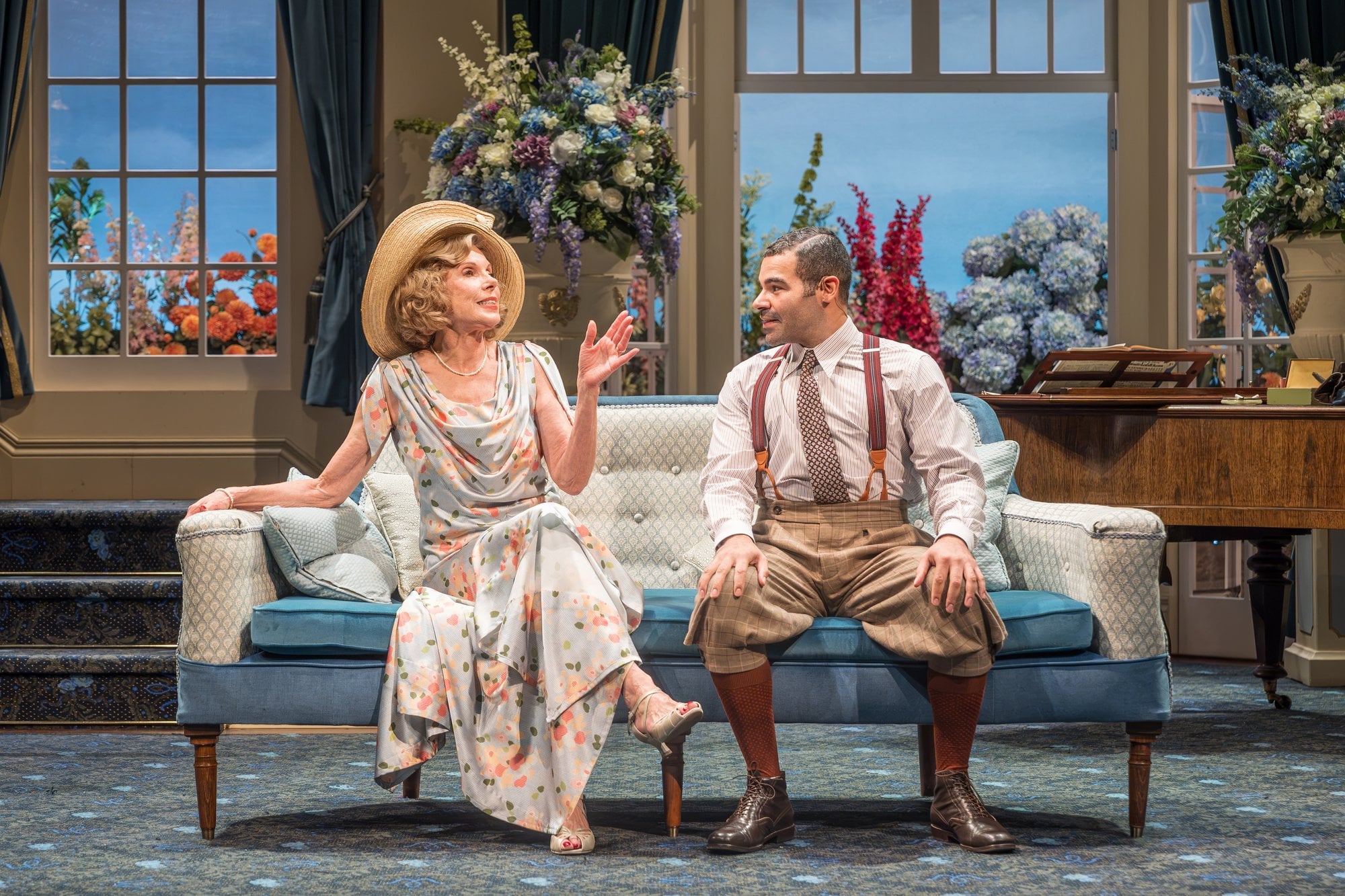 Christine Baranski as Judith Bliss and Ash Hunter as Sandy Tyrell in Hay Fever at Wyndham's Theatre. Photo: Marc Brenner