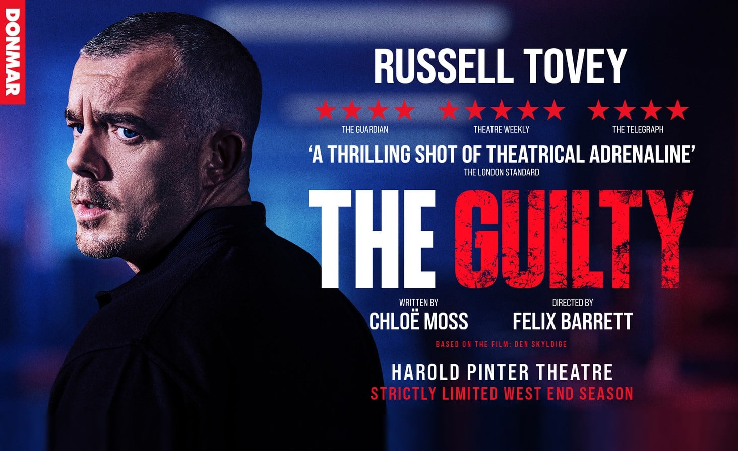 The Guilty key art with Russell Tovey, by Chloë Moss, directed by Felix Barrett, at the Harold Pinter Theatre