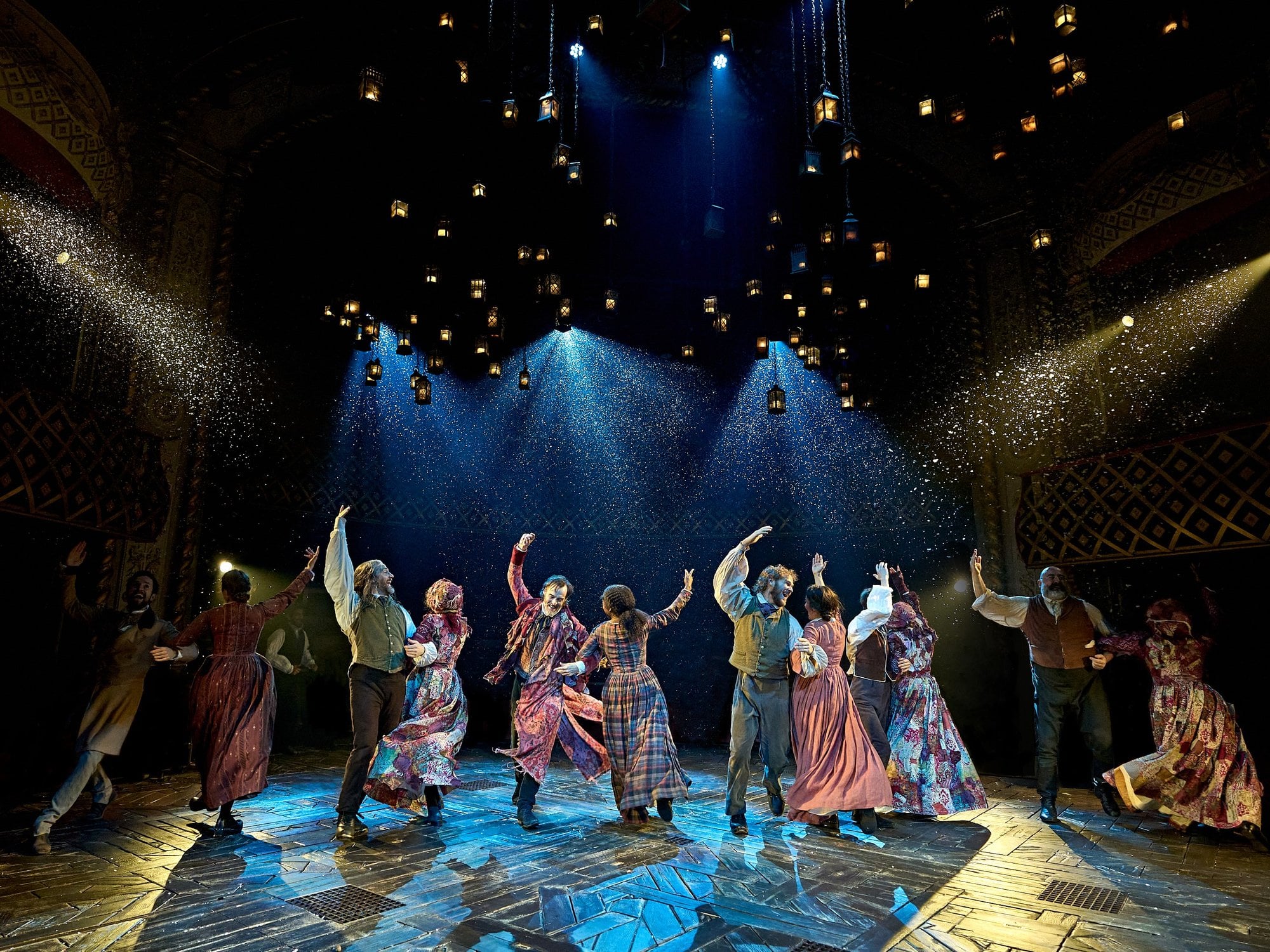 A Christmas Carol at The Old Vic (previous year's production): The company dancing in falling snow. Photo: Manuel Harlan