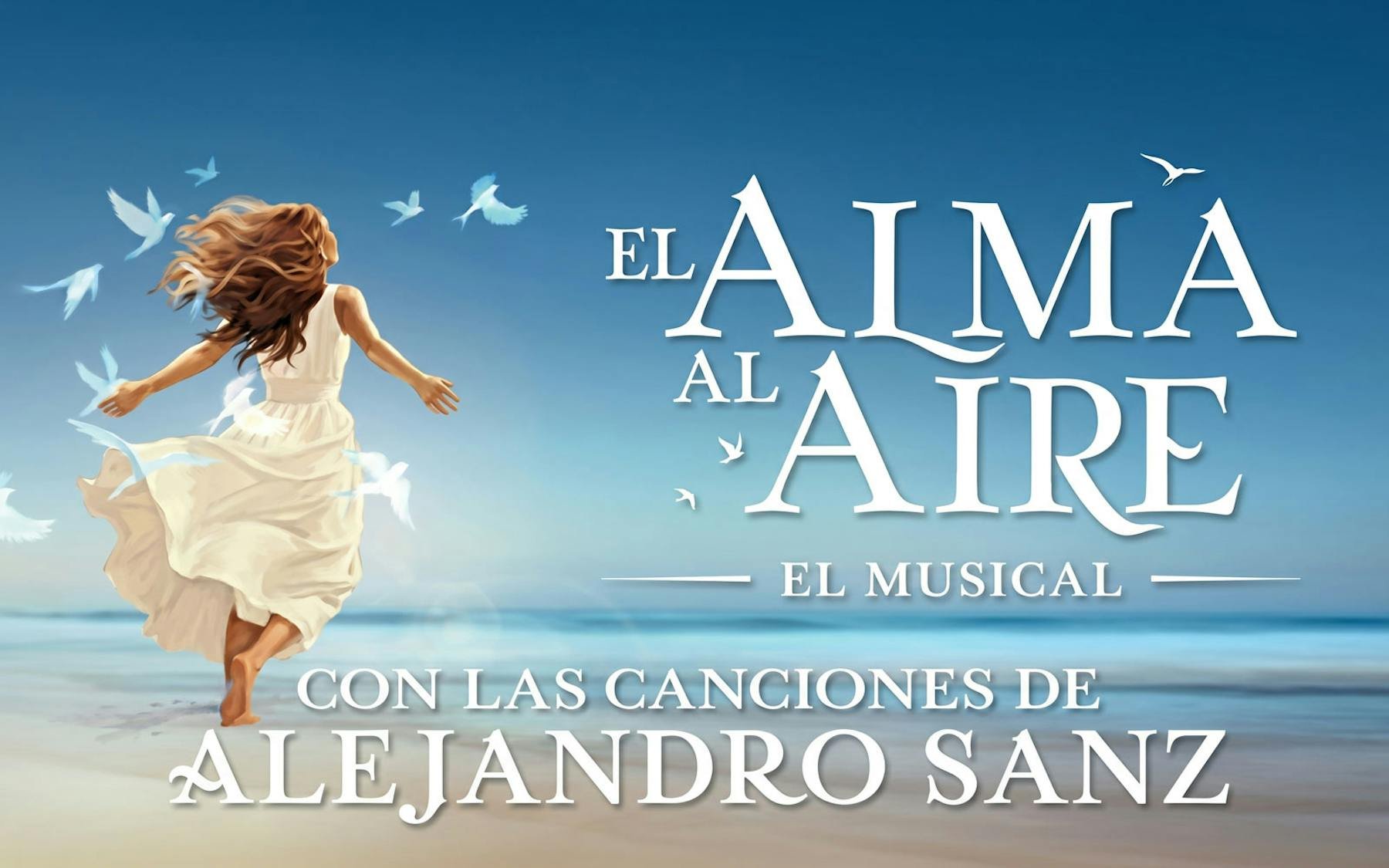 El Alma al Aire musical poster with a woman on a beach and flying birds