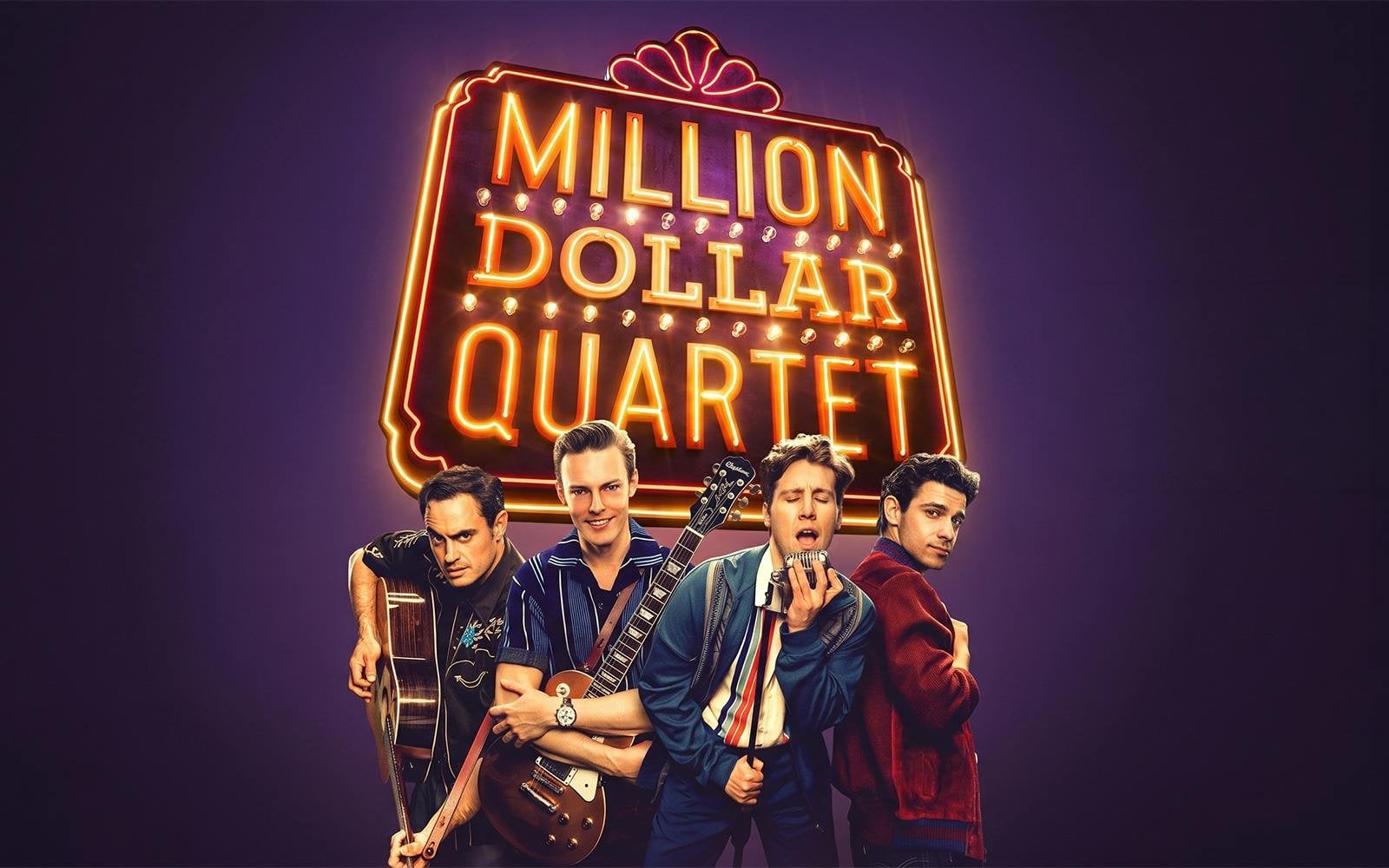Million Dollar Quartet cast with instruments under the show sign