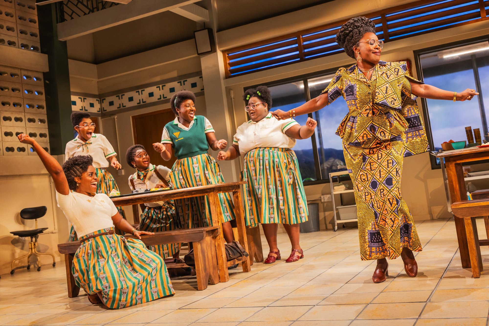 Denée Benton, Jordan Rice, Nia Otchere-Sarfo, Lucia Aremu, Erin Morton, and Heather Alicia Simms in School Girls; Or, The African Mean Girls Play on Broadway. Photo: Matthew Murphy