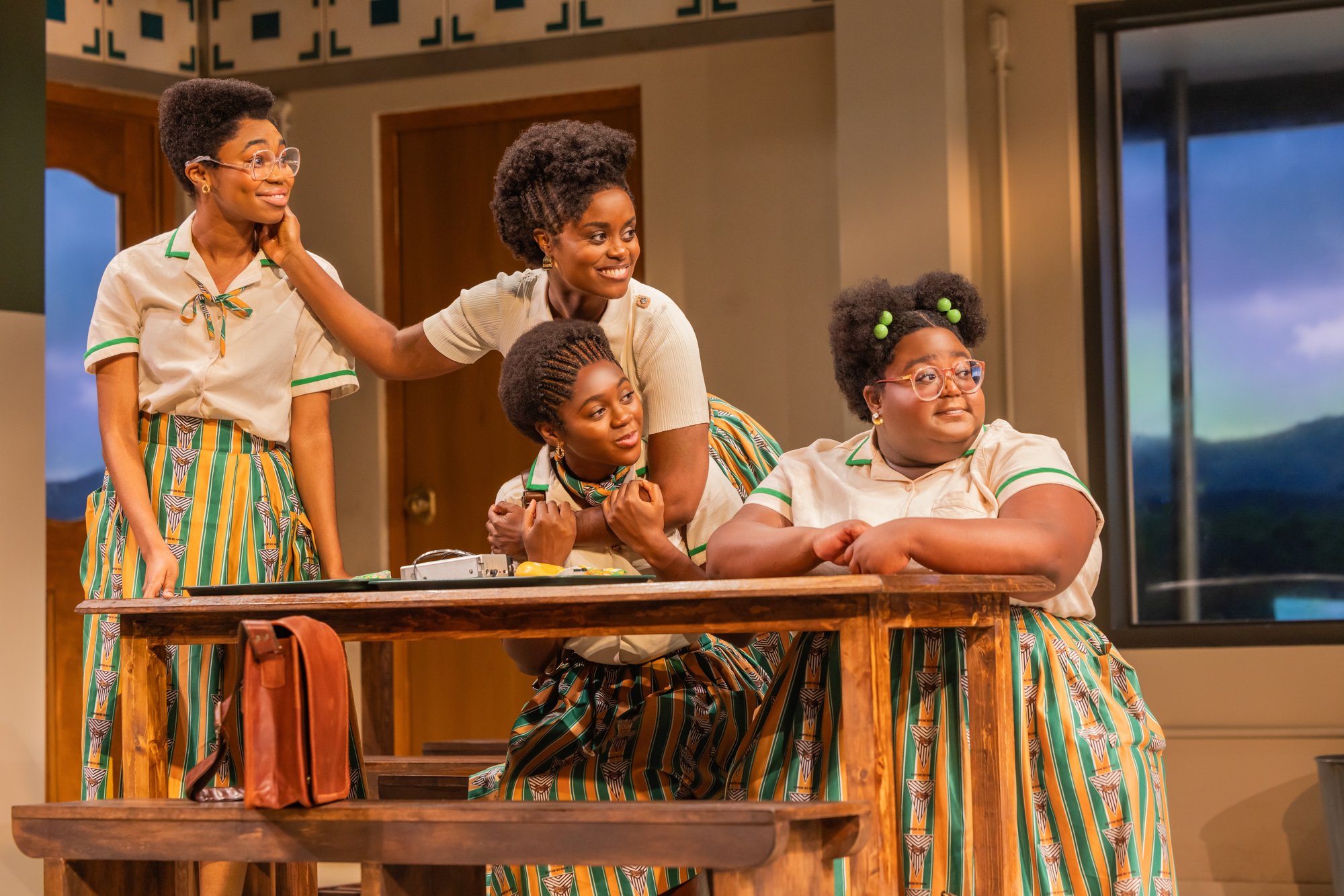 Jordan Rice, Denée Benton, Nia Otchere-Sarfo, and Erin Morton in School Girls; Or, The African Mean Girls Play on Broadway. Photo: Matthew Murphy