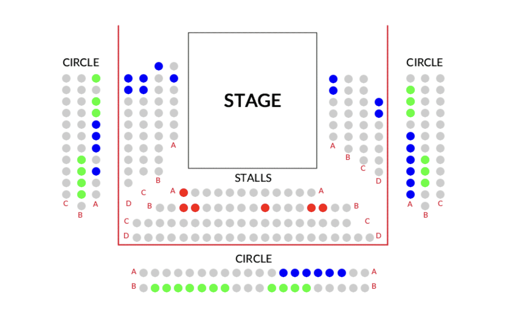Donmar Warehouse seat map — sections, rows and price bands