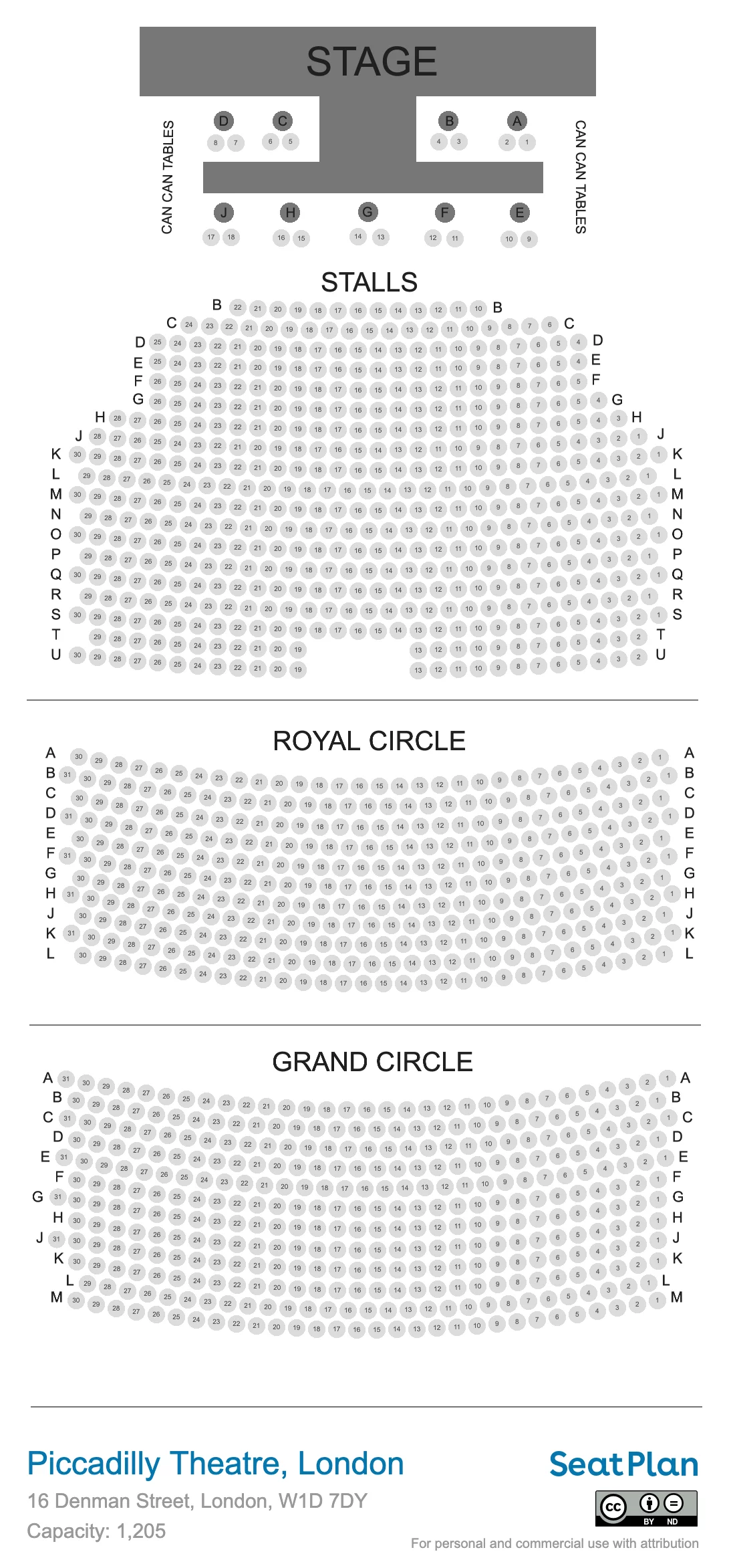 Piccadilly Theatre seat map — sections, rows and price bands