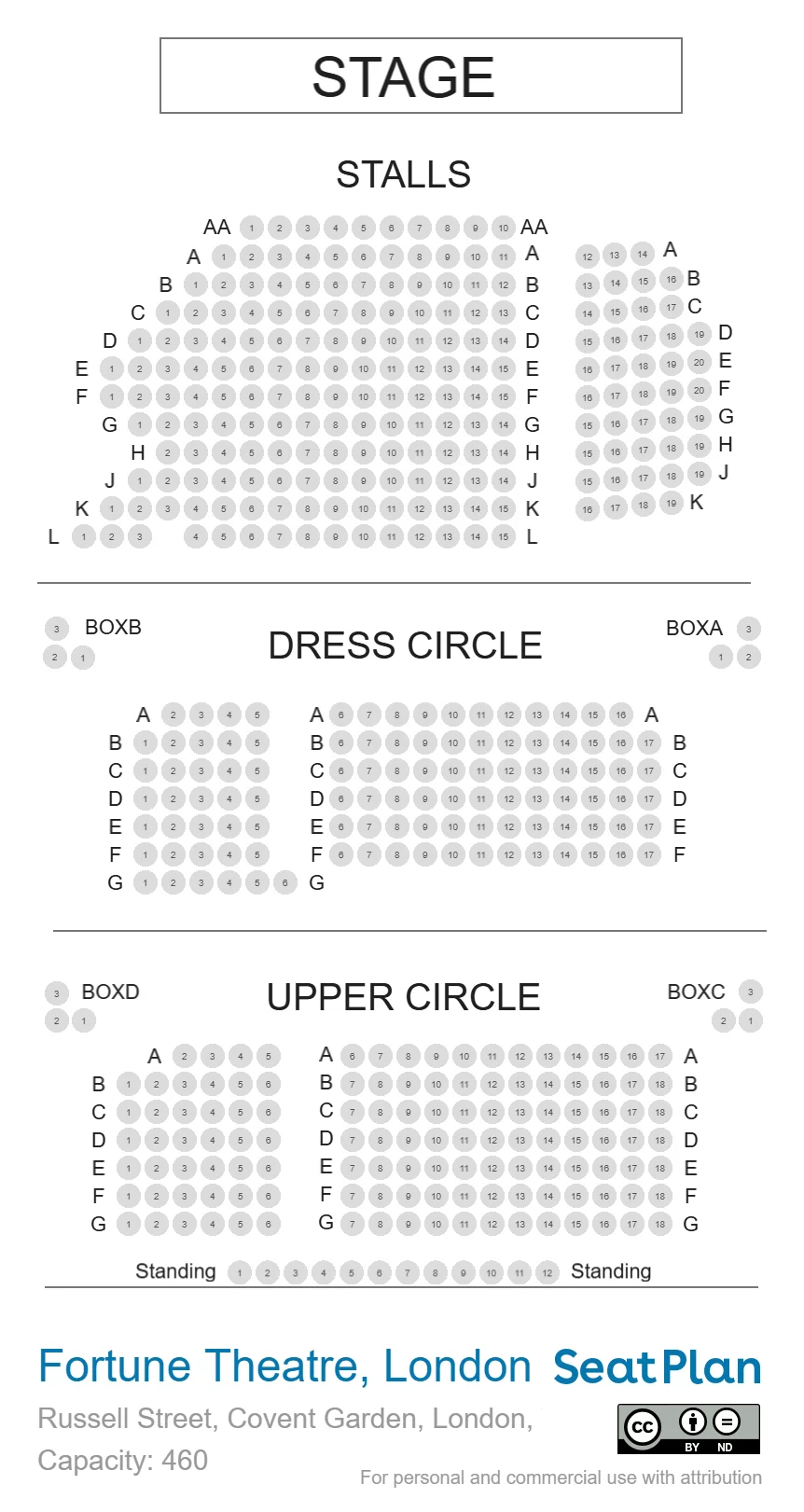 Fortune Theatre seat map — sections, rows and price bands