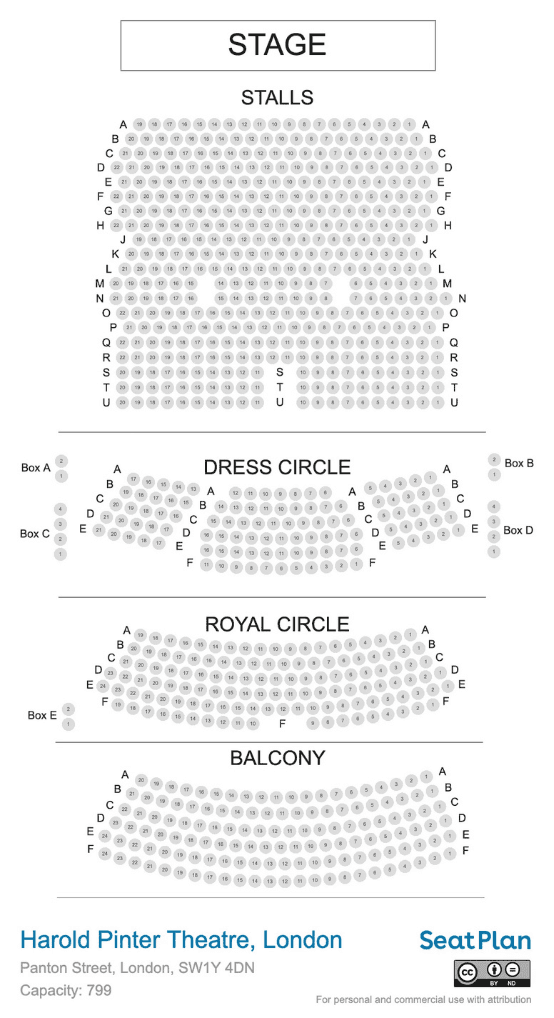 Harold Pinter Theatre seat map — sections, rows and price bands