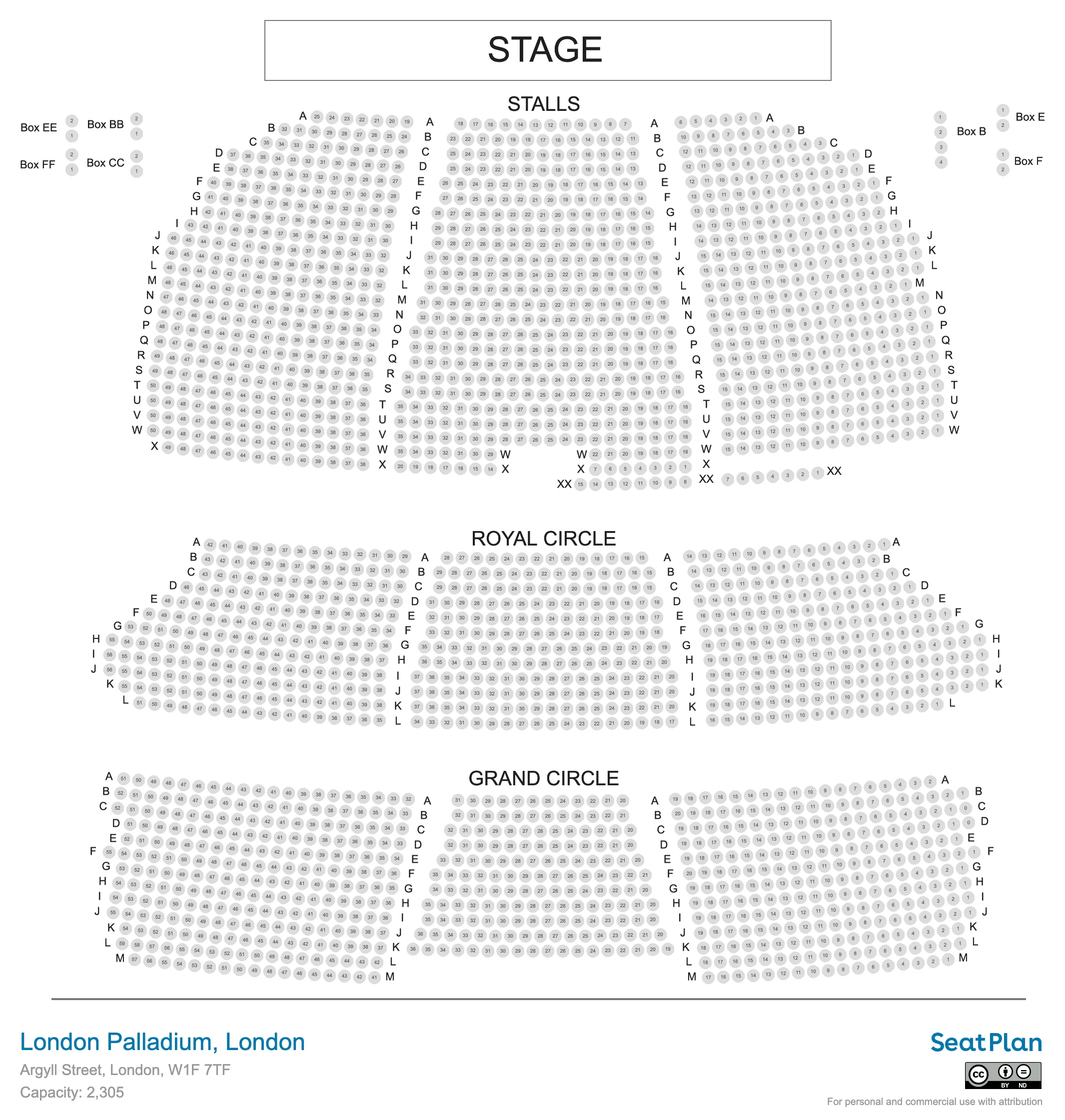London Palladium seat map — sections, rows and price bands